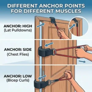 Illustration demonstrating the top, middle, and bottom anchoring positions using a door attachment for exercise bands.
