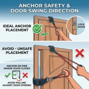 Safety illustration highlighting the correct door swing direction when using a door attachment for exercise bands to prevent accidental opening.
