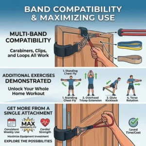 Graphic illustration showing different types of fitness loops and tubes compatible with a single door attachment for exercise bands.