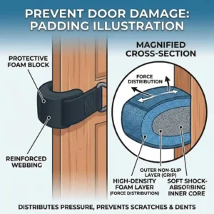 Detailed illustration of the thick foam padding on a door attachment for exercise bands designed to prevent scratches on home doors.
