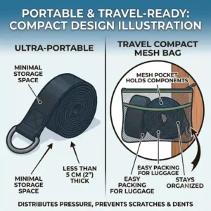 Illustration of a portable door attachment for exercise bands packed neatly inside a travel gym bag for hotel workouts.
